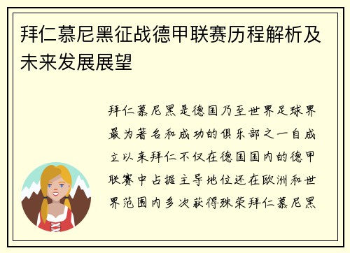 拜仁慕尼黑征战德甲联赛历程解析及未来发展展望