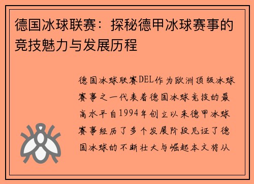德国冰球联赛：探秘德甲冰球赛事的竞技魅力与发展历程