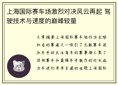 上海国际赛车场激烈对决风云再起 驾驶技术与速度的巅峰较量
