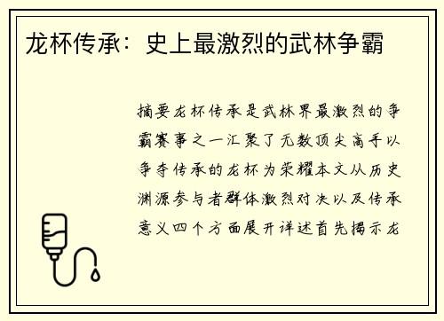 龙杯传承：史上最激烈的武林争霸